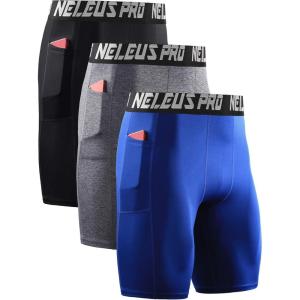 imageNELEUS Mens Compression Short with Pocket Dry Fit Yoga Running Shorts Pack of 36063 BlackGreyBlue 3 Pack