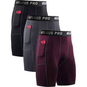 imageNELEUS Mens Compression Short with Pocket Dry Fit Yoga Running Shorts Pack of 36081 BlackGreyRed 3 Pack