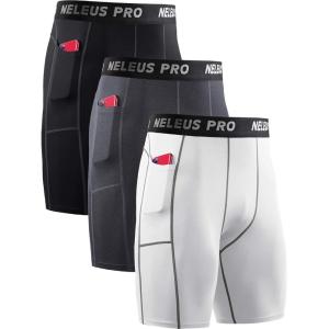imageNELEUS Mens Compression Short with Pocket Dry Fit Yoga Running Shorts Pack of 36081 BlackGreyWhite 3 Pack