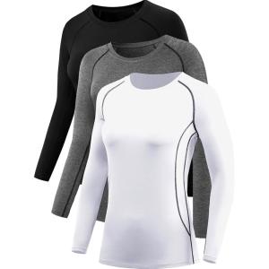 imageNELEUS Womens 3 Pack Compression Shirts Long Sleeve Yoga Athletic Running T Shirt8021black grey white