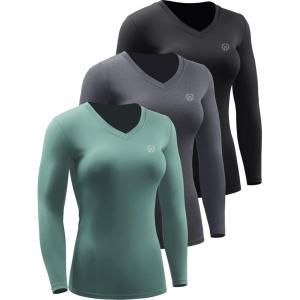 imageNELEUS Womens 3 Pack Compression Shirts Long Sleeve Yoga Athletic Running T ShirtVneck BlackBlackish GreenGrey 3 Pack