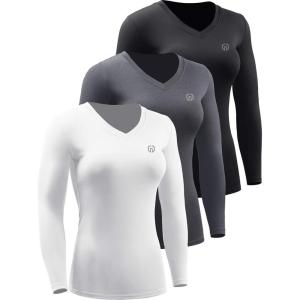 imageNELEUS Womens 3 Pack Compression Shirts Long Sleeve Yoga Athletic Running T ShirtVneck BlackGreyWhite 3 Pack