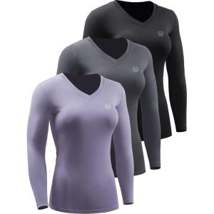 imageNELEUS Womens 3 Pack Compression Shirts Long Sleeve Yoga Athletic Running T ShirtVneck PurpleBlackGrey 3 Pack