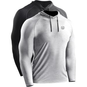 imageNELEUS Mens Dry Fit Athletic Shirt Workout Running Long Sleeve Shirts with Hoods5071 Dark GreyLight Grey 2 Pack