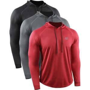 imageNELEUS Mens Dry Fit Athletic Shirt Workout Running Long Sleeve Shirts with Hoods5147 BlackGreyRed 3 Pack