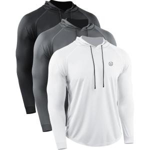 imageNELEUS Mens Dry Fit Athletic Shirt Workout Running Long Sleeve Shirts with Hoods5147 BlackGreyWhite 3 Pack