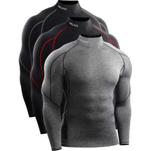 imageNELEUS Mens 3 Pack Athletic Compression Shirt Running ShirtsHeatlock Mock NeckblackBlackred StripeGrey