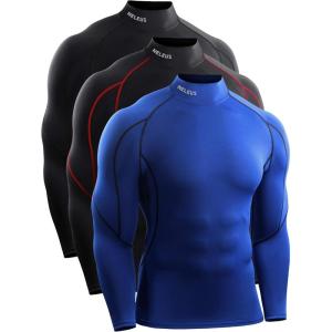 imageNELEUS Mens 3 Pack Athletic Compression Shirt Running ShirtsHeatlock Mock NeckblackBlueBlackred Stripe