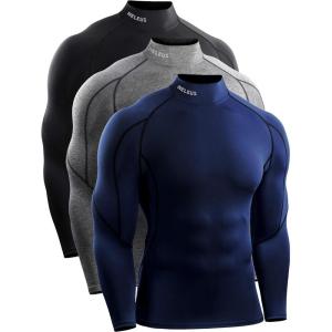 imageNELEUS Mens 3 Pack Athletic Compression Shirt Running ShirtsHeatlock Mock NeckblackGreyNavy Blue