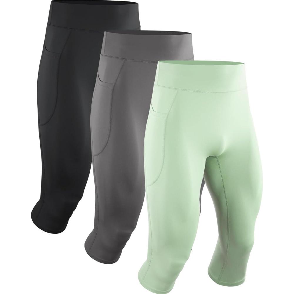 LANDUNSI 3-Pack Men's Compression Pants - 3/4 Length Running Tights With Pockets | Dry Fit Workout Leggings