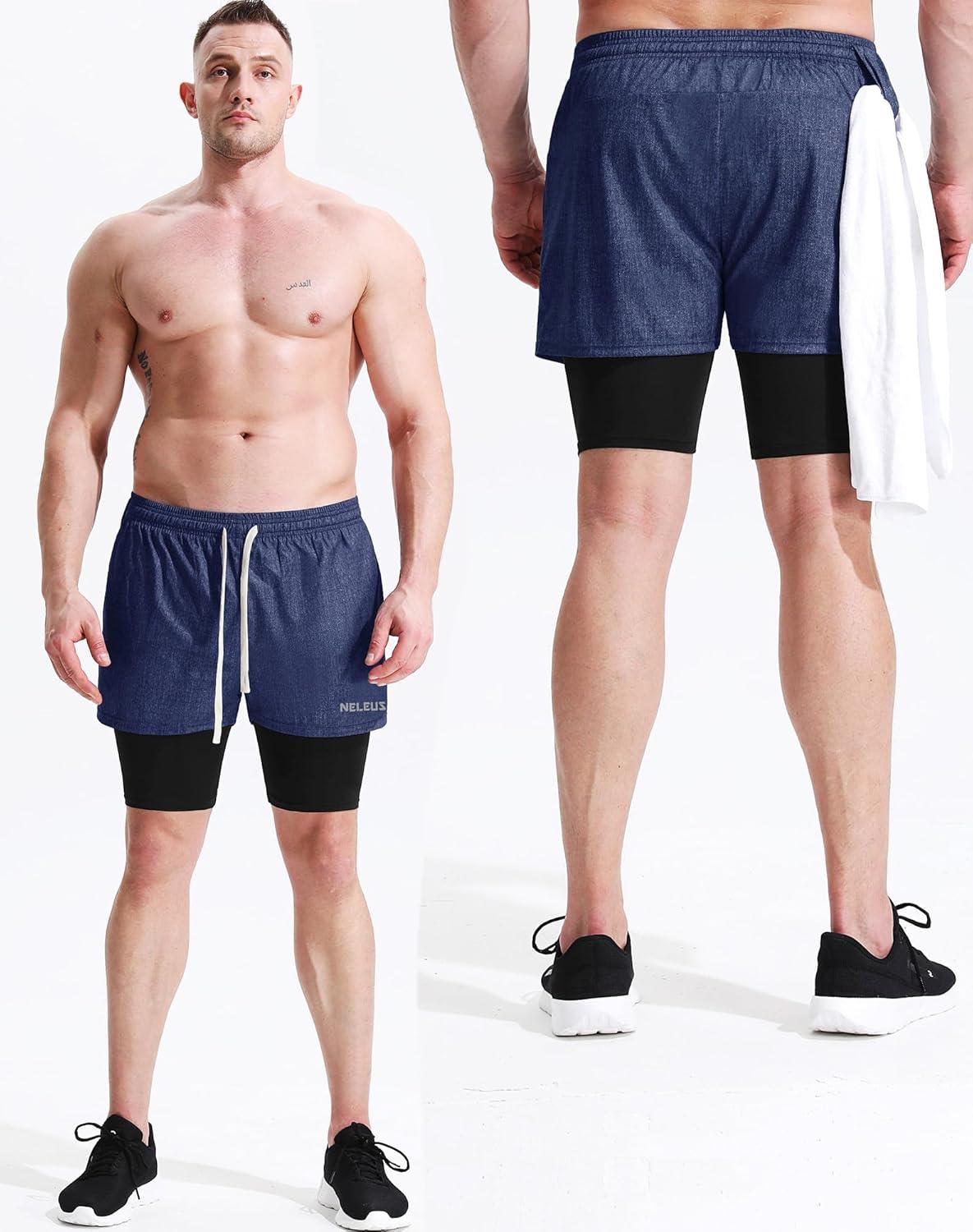 imageNELEUS Mens 2 in 1 Running Shorts with LinerDry Fit Workout Shorts with Pockets6071 Dark Greyblack dark Blue light Grey 3 Pack