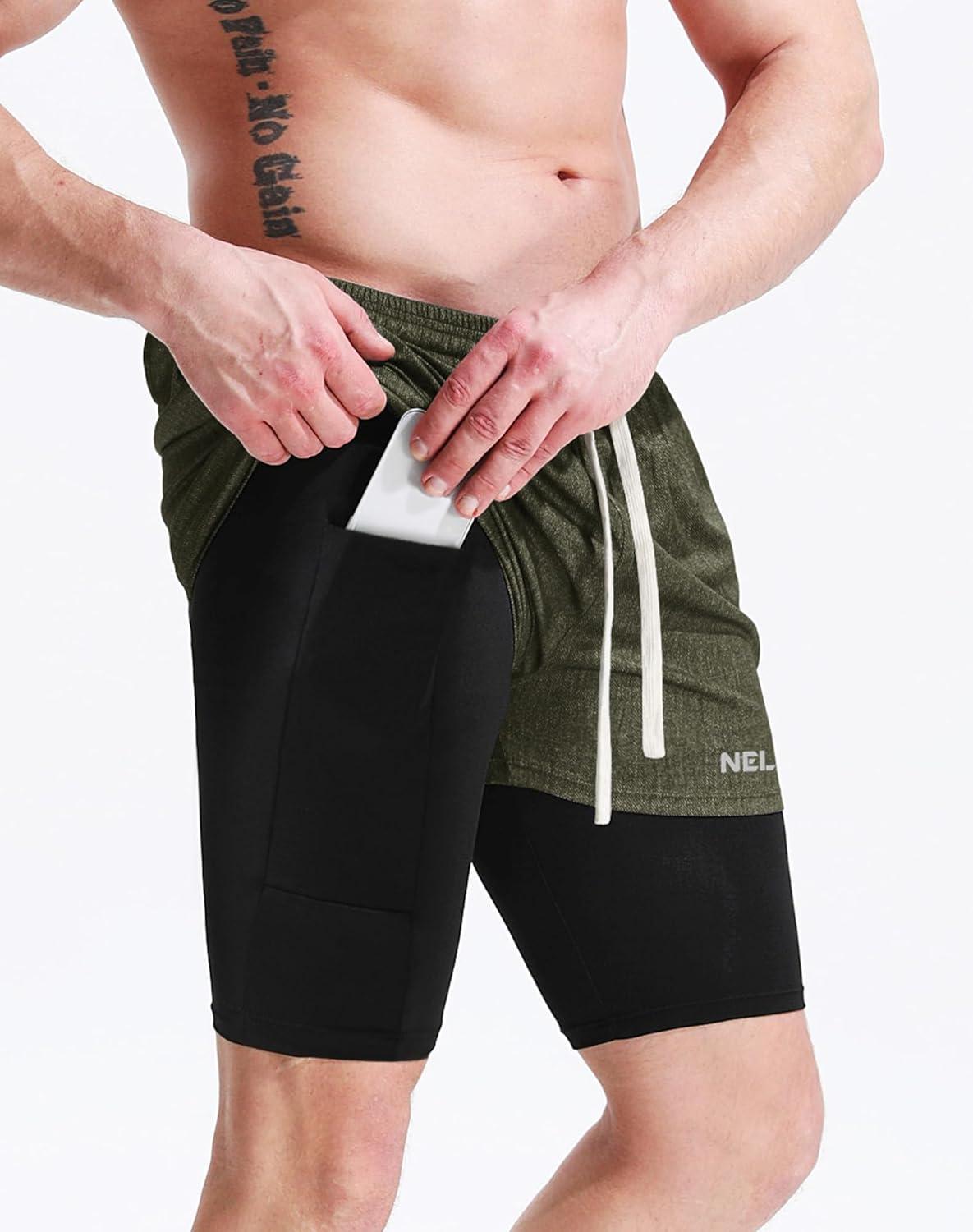 imageNELEUS Mens 2 in 1 Running Shorts with LinerDry Fit Workout Shorts with Pockets6071 Dark Greyblack olive Green light Grey 3 Pack
