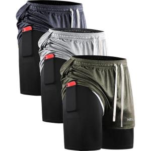 imageNELEUS Mens 2 in 1 Running Shorts with LinerDry Fit Workout Shorts with Pockets6071 Dark Greyblack olive Green light Grey 3 Pack