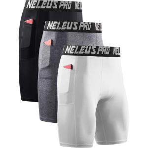 imageNELEUS Mens 3 Pack Running Compression Shorts with Pockets6063 BlackGreyWhite 3 Pack