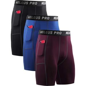 imageNELEUS Mens 3 Pack Running Compression Shorts with Pockets6081 BlackBlueRed 3 Pack