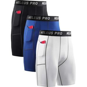 imageNELEUS Mens 3 Pack Running Compression Shorts with Pockets6081 BlackBlueWhite 3 Pack