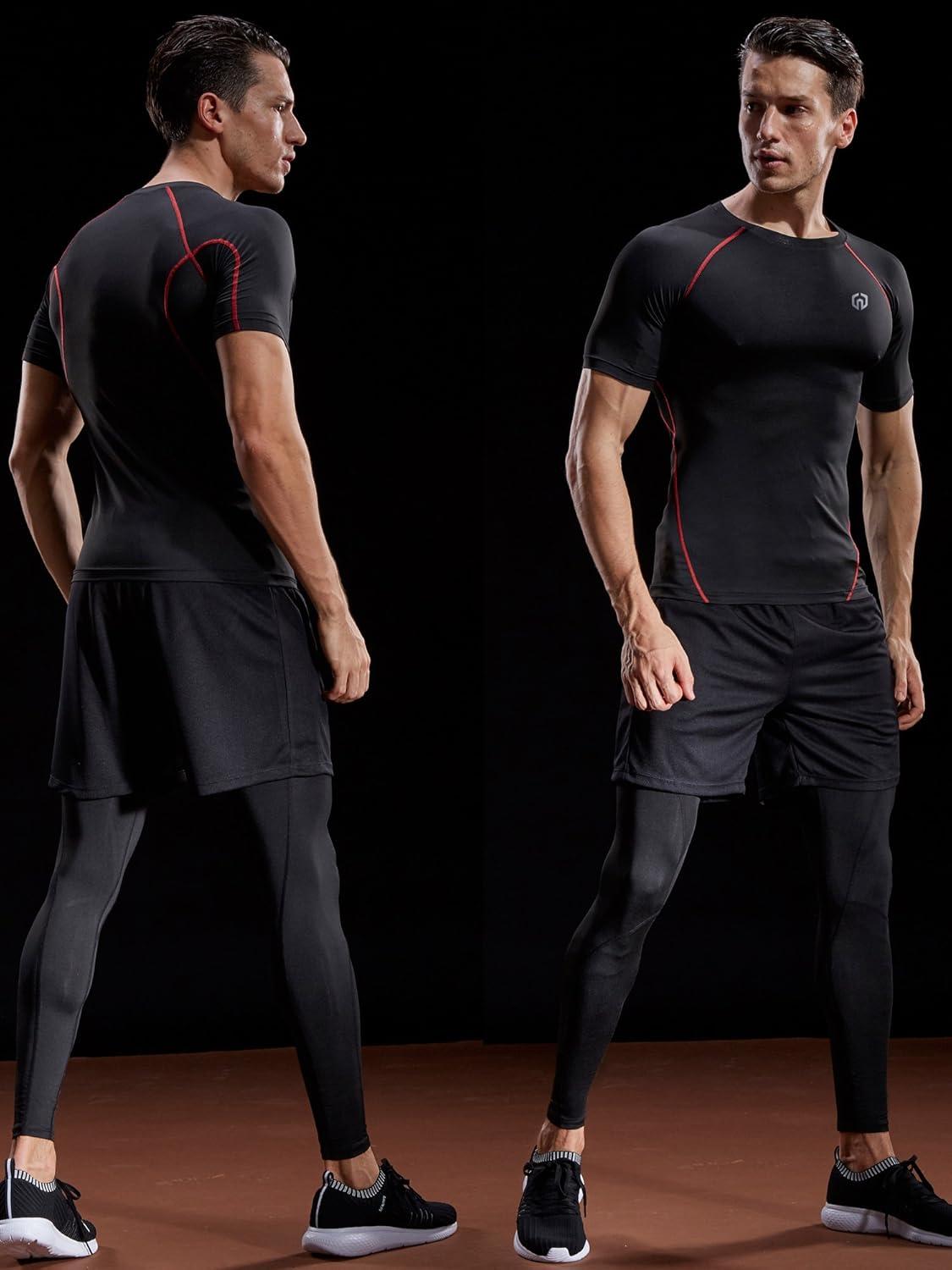 imageNELEUS Mens 3 Pack Athletic Compression Base Layer Workout Shirt5022 BlackBlackredGrey