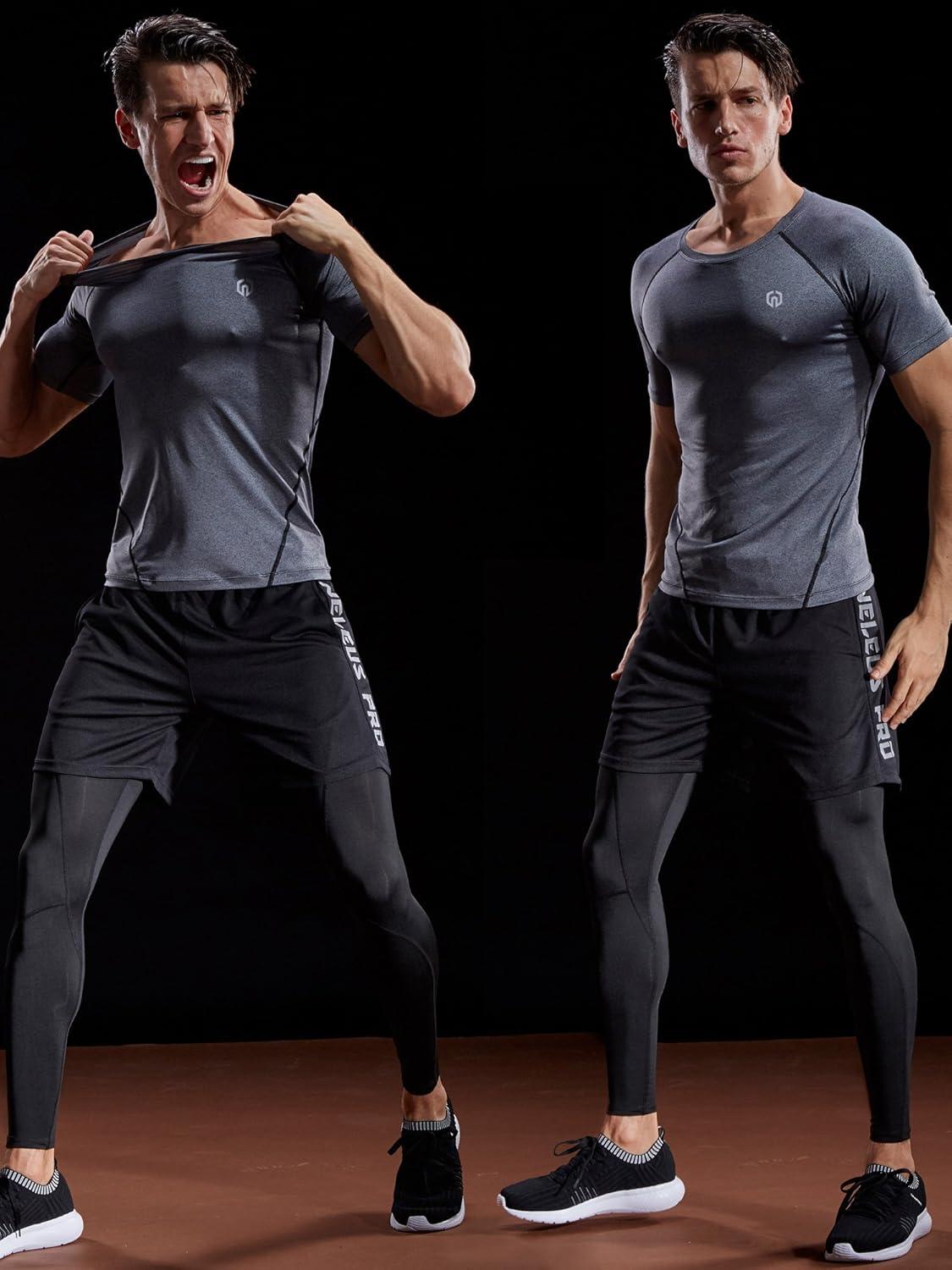 imageNELEUS Mens 3 Pack Athletic Compression Base Layer Workout Shirt5022 BlackGreyNavy Blue