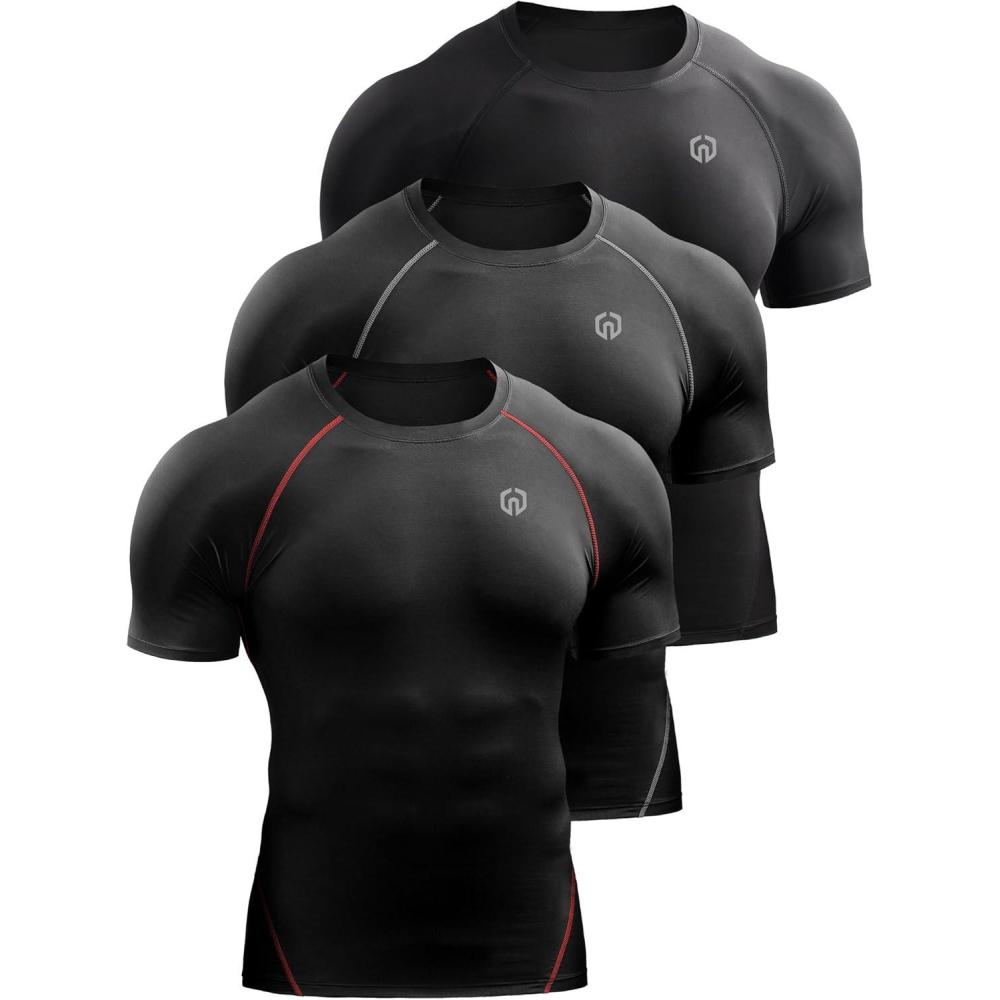 imageNELEUS Mens 3 Pack Athletic Compression Base Layer Workout Shirt5022 BlackBlackgreyBlackred