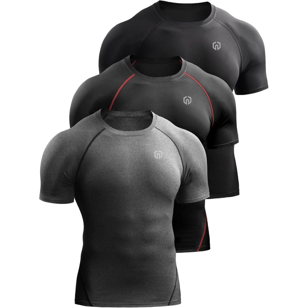 imageNELEUS Mens 3 Pack Athletic Compression Base Layer Workout Shirt5022 BlackBlackredGrey