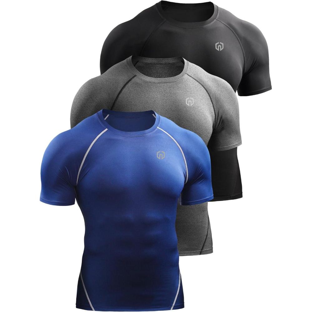 imageNELEUS Mens 3 Pack Athletic Compression Base Layer Workout Shirt5022 BlackGreyBlue