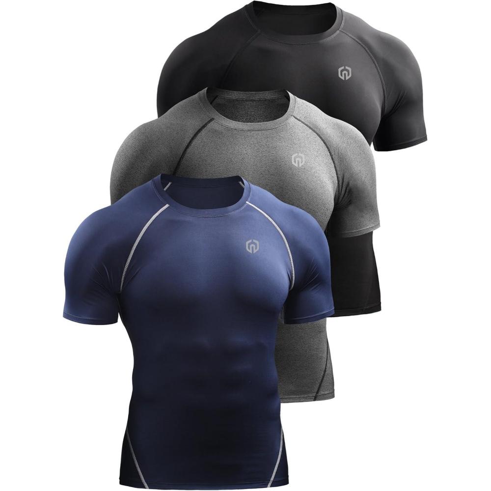 imageNELEUS Mens 3 Pack Athletic Compression Base Layer Workout Shirt5022 BlackGreyNavy Blue