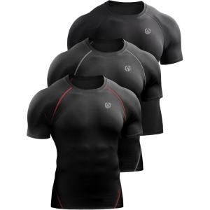 imageNELEUS Mens 3 Pack Athletic Compression Base Layer Workout Shirt5022 BlackBlackgreyBlackred