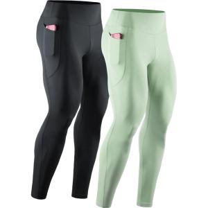 imageNELEUS Mens Dry Fit Compression Baselayer Pants Running Tights Leggings with Phone Pocket6108 BlackLight Green 2 Pack