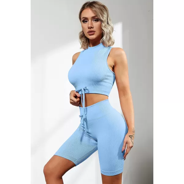 QINSEN Women's Workout Biker Shorts 2 Piece Outfit Ribbed Seamless High Waisted Exercise Yoga Bra Sets Blue M
