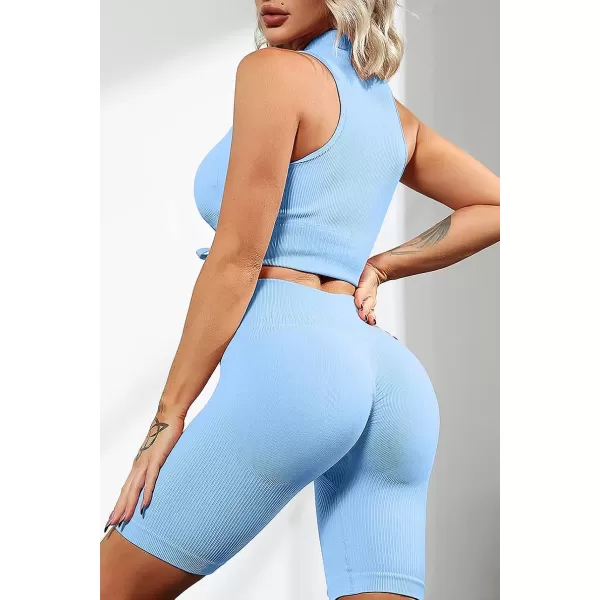 QINSEN Women's Workout Biker Shorts 2 Piece Outfit Ribbed Seamless High Waisted Exercise Yoga Bra Sets Blue M