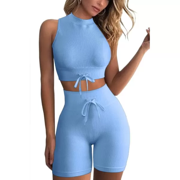 QINSEN Women's Workout Biker Shorts 2 Piece Outfit Ribbed Seamless High Waisted Exercise Yoga Bra Sets Blue M