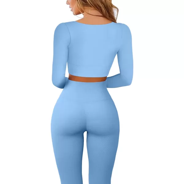 QINSEN Workout Sets for Women 2 Piece Seamless Long Sleeve Crop Tops Ribbed High Waist Leggings