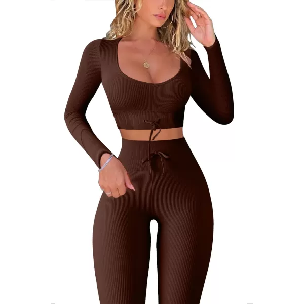QINSEN Workout Sets for Women 2 Piece Seamless Long Sleeve Crop Tops Ribbed High Waist Leggings