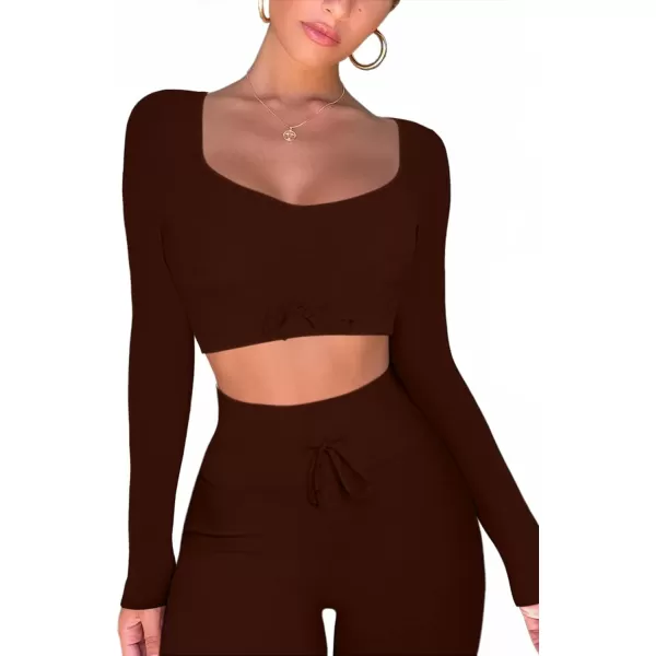 QINSEN Workout Sets for Women 2 Piece Seamless Long Sleeve Crop Tops Ribbed High Waist Leggings