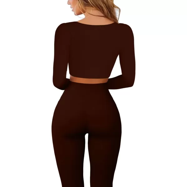 QINSEN Workout Sets for Women 2 Piece Seamless Long Sleeve Crop Tops Ribbed High Waist Leggings