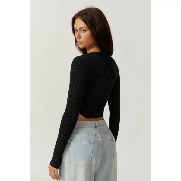 QINSEN Women's Long Sleeve Crop Top Sweaters Cozy Ribbed Knit Going Out Pullover T Shirts