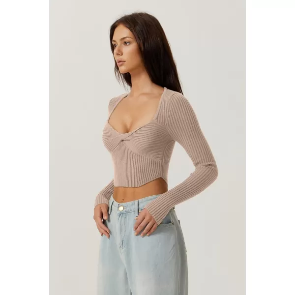 QINSEN Women's Long Sleeve Crop Top Sweaters Cozy Ribbed Knit Going Out Pullover T Shirts