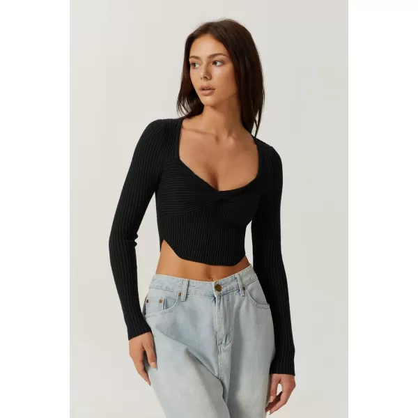QINSEN Women's Long Sleeve Crop Top Sweaters Cozy Ribbed Knit Going Out Pullover T Shirts