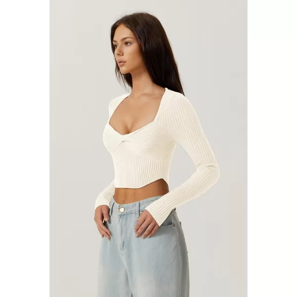 QINSEN Women's Long Sleeve Crop Top Sweaters Cozy Ribbed Knit Going Out Pullover T Shirts