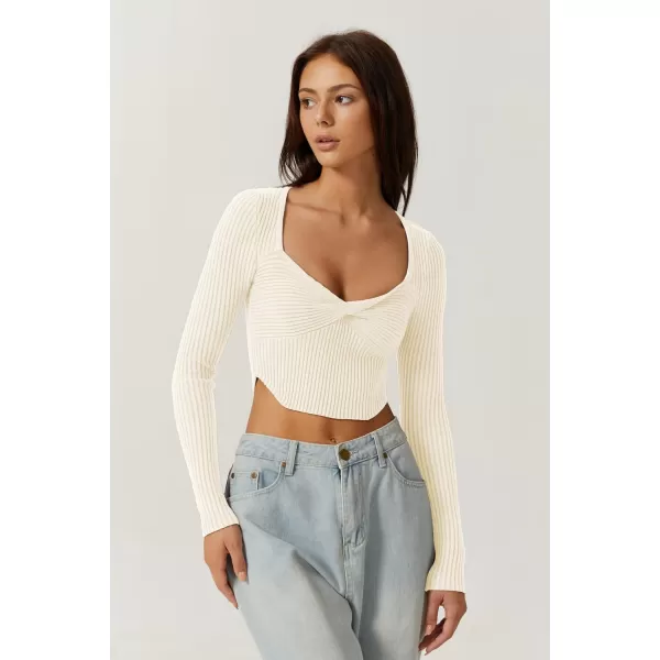 QINSEN Women's Long Sleeve Crop Top Sweaters Cozy Ribbed Knit Going Out Pullover T Shirts