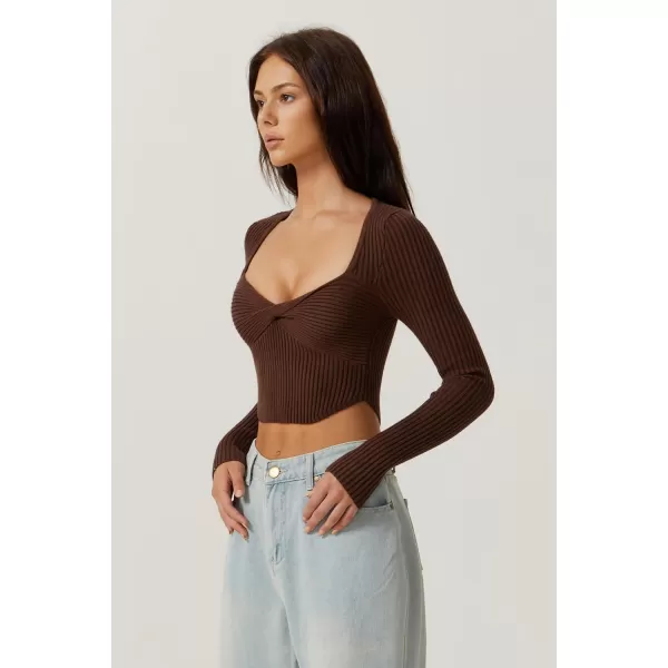 QINSEN Women's Long Sleeve Crop Top Sweaters Cozy Ribbed Knit Going Out Pullover T Shirts