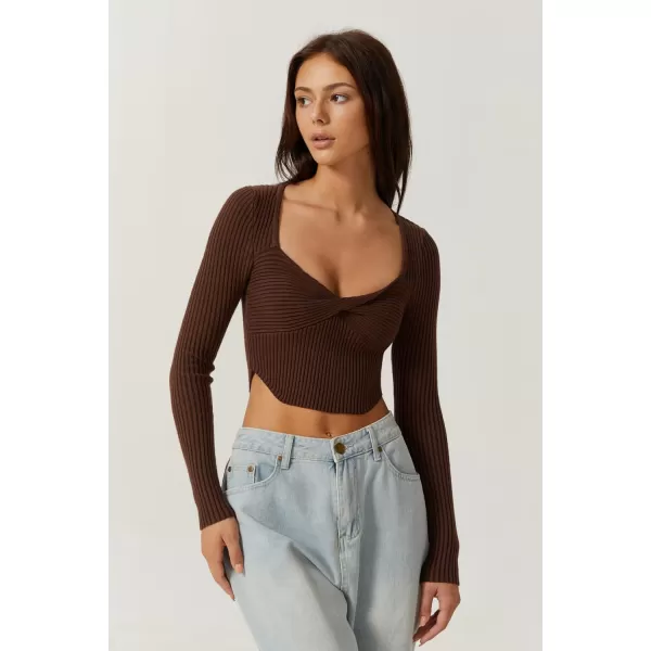 QINSEN Women's Long Sleeve Crop Top Sweaters Cozy Ribbed Knit Going Out Pullover T Shirts