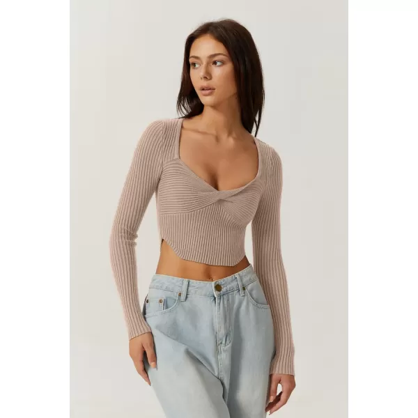 QINSEN Women's Long Sleeve Crop Top Sweaters Cozy Ribbed Knit Going Out Pullover T Shirts