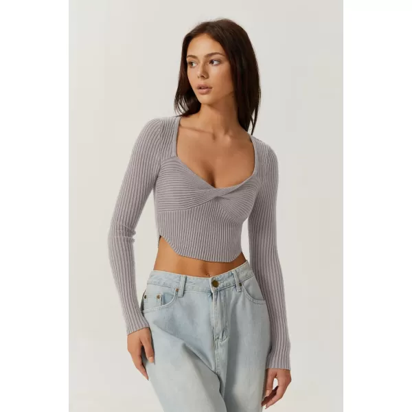 QINSEN Women's Long Sleeve Crop Top Sweaters Cozy Ribbed Knit Going Out Pullover T Shirts