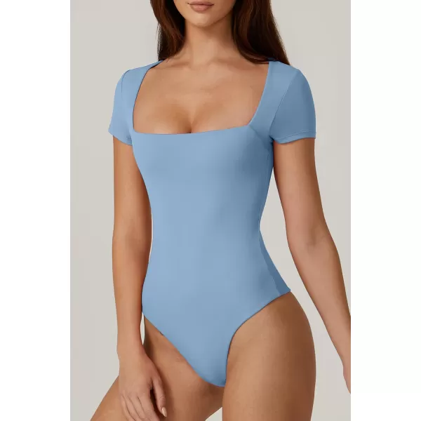 QINSEN Women's Square Neck Short Sleeve Bodysuit Sexy Body Suit Tops Double Lined Shirts