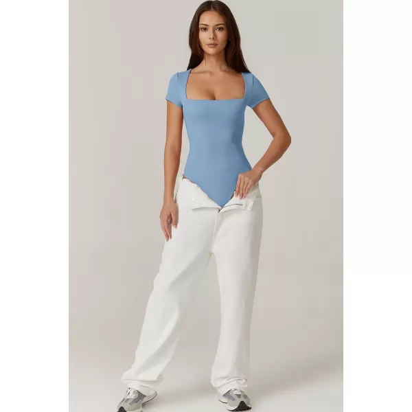 QINSEN Women's Square Neck Short Sleeve Bodysuit Sexy Body Suit Tops Double Lined Shirts