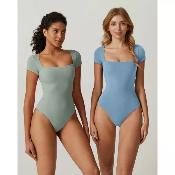 QINSEN Women's Square Neck Short Sleeve Bodysuit Sexy Body Suit Tops Double Lined Shirts