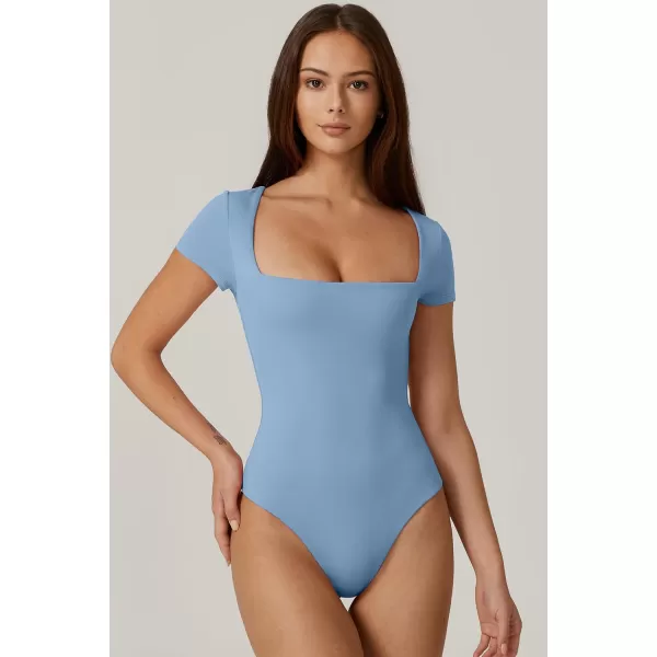 QINSEN Women's Square Neck Short Sleeve Bodysuit Sexy Body Suit Tops Double Lined Shirts
