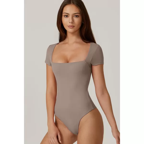 QINSEN Women's Square Neck Short Sleeve Bodysuit Sexy Body Suit Tops Double Lined Shirts