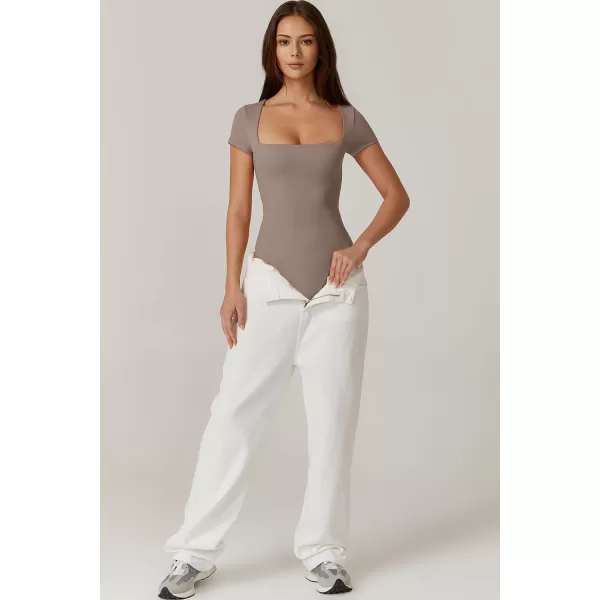 QINSEN Women's Square Neck Short Sleeve Bodysuit Sexy Body Suit Tops Double Lined Shirts